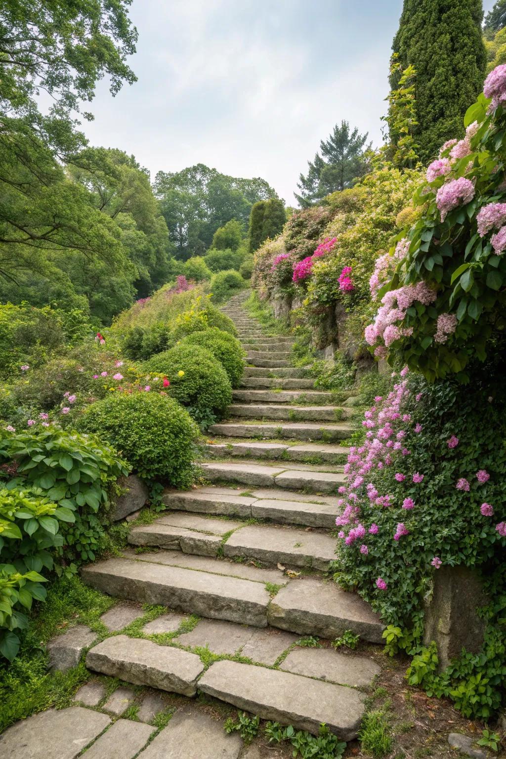 Inherent stone steps offer both grandeur and functionality on slopes.