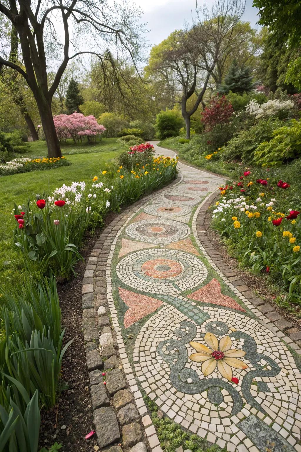 Mosaic routes proffer a singular and artistic hint to garden walkways.