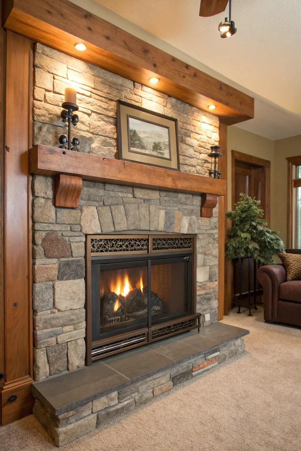 Mixed materials give fireplaces a rich and textured appearance.