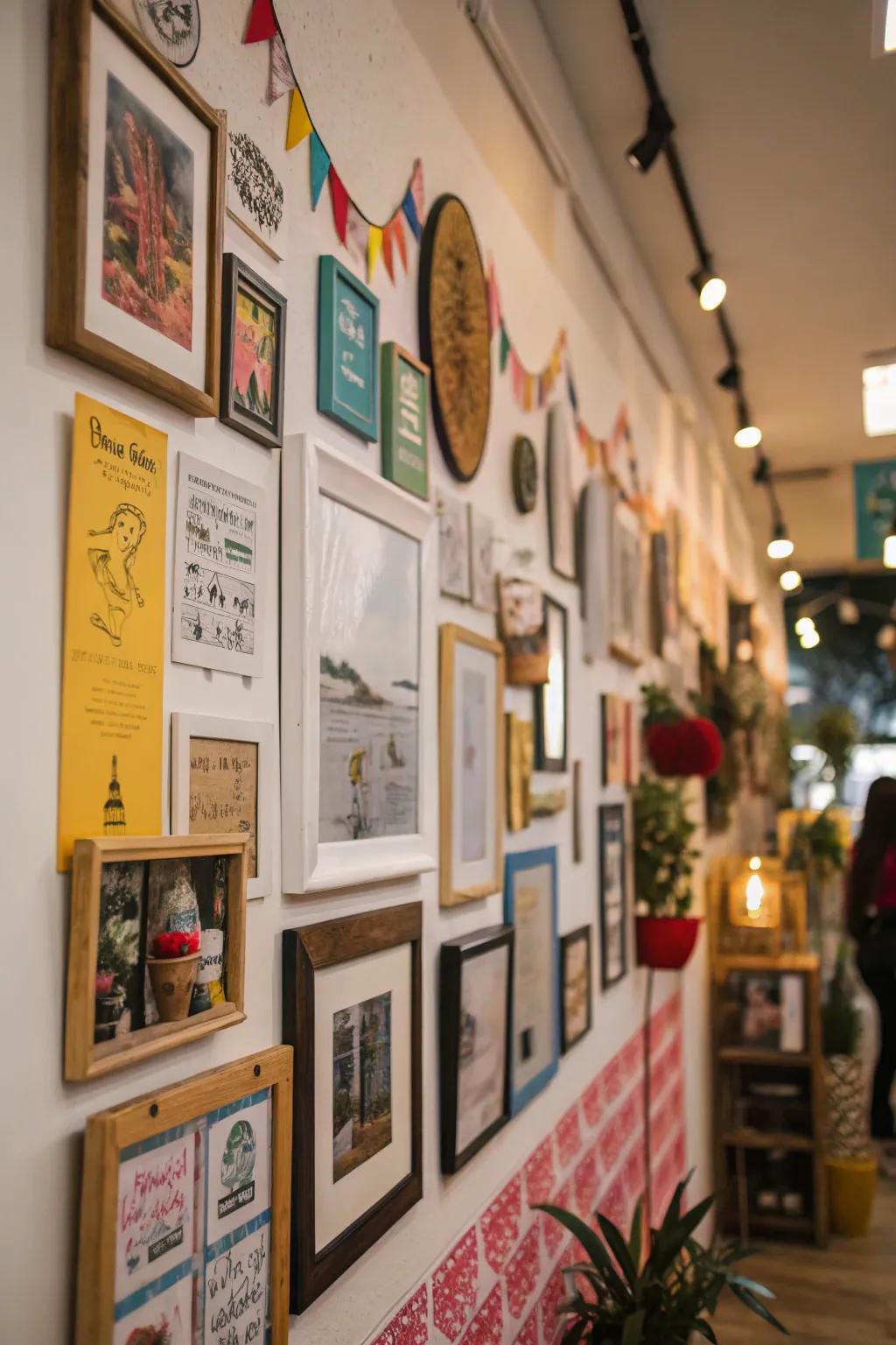 An assorted gallery wall showcases diverse interests.