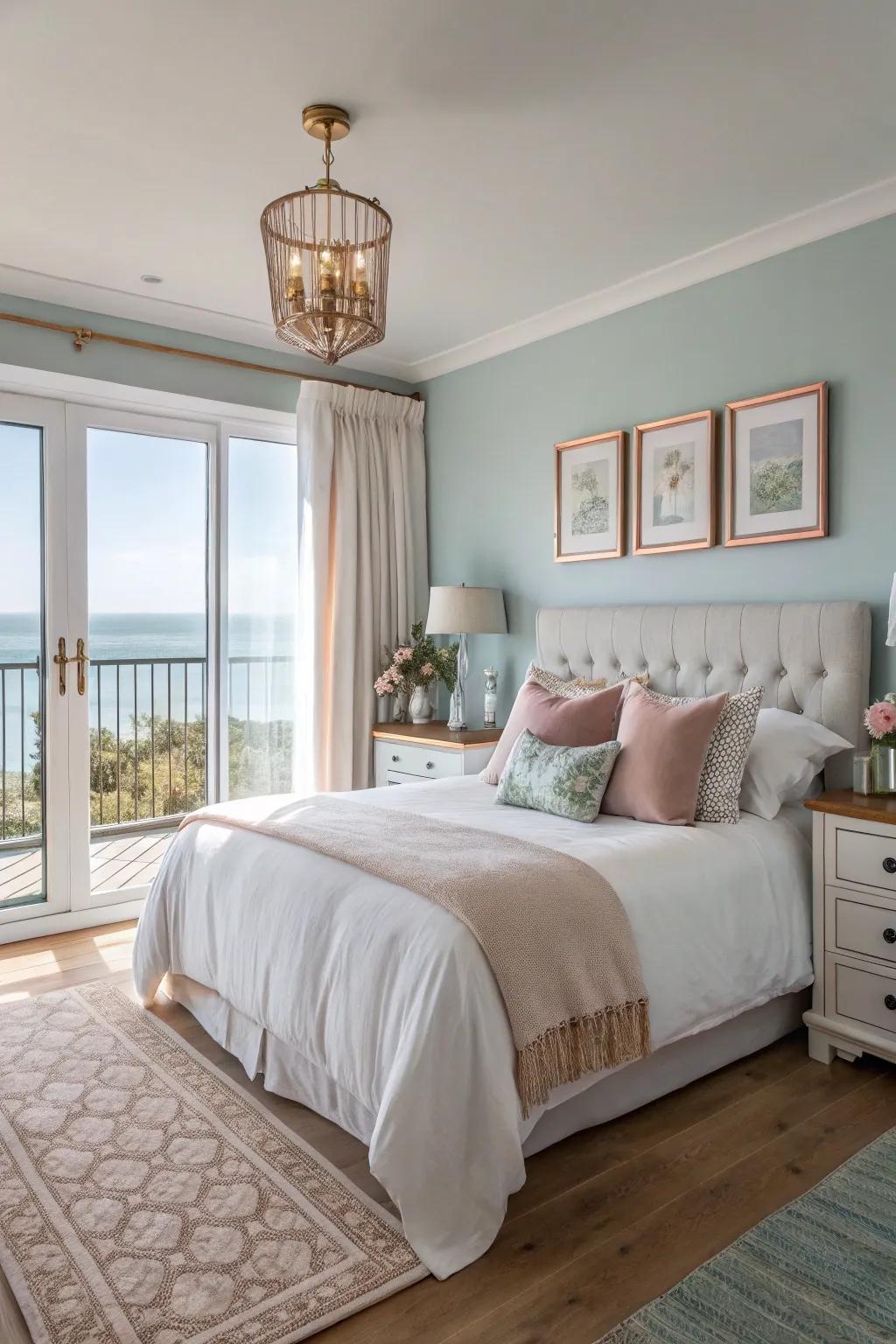 Coastal bedrooms are elevated with the addition of rose gold.