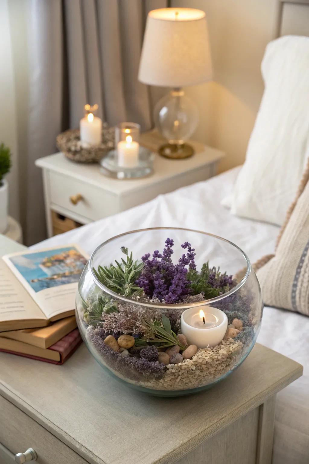 Placed dried lavender in a glass bowl offers a soothing and aromatic presence.