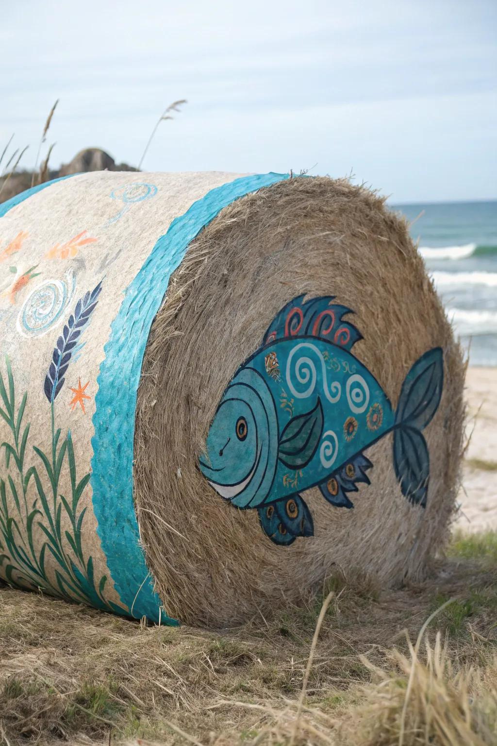 Fabricate a spectacle through hay bales metamorphosed into vibrant subaquatic denizens, culminating in a distinctive outdoor motif.
