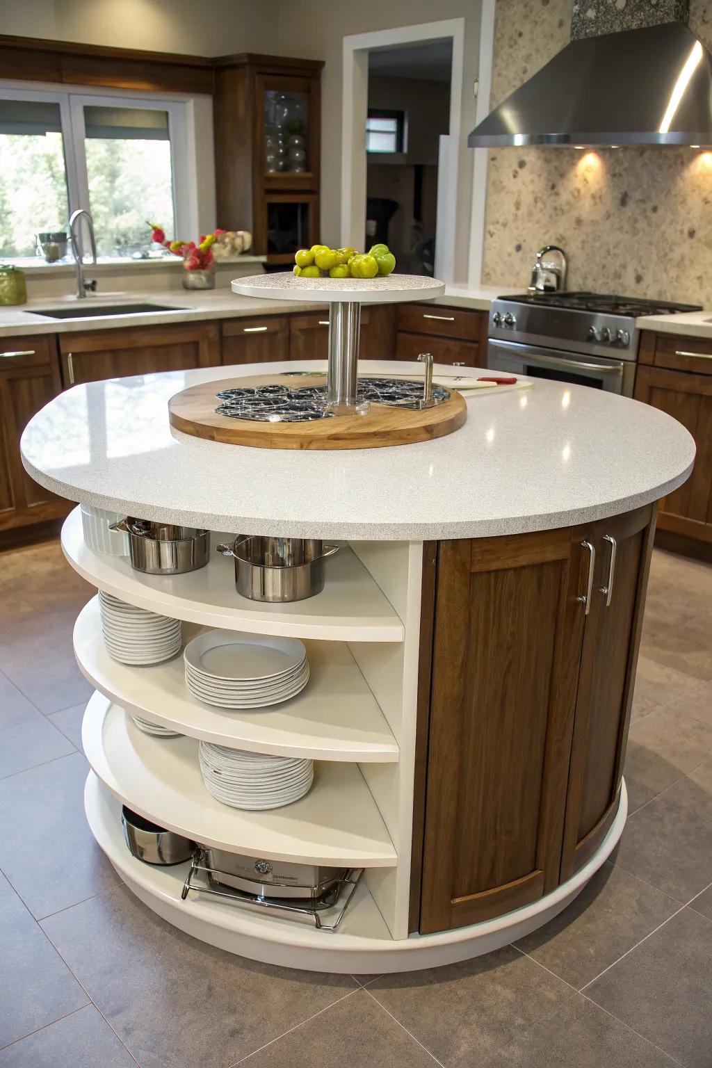 Multi-level surfaces introduce versatility to a round kitchen island.