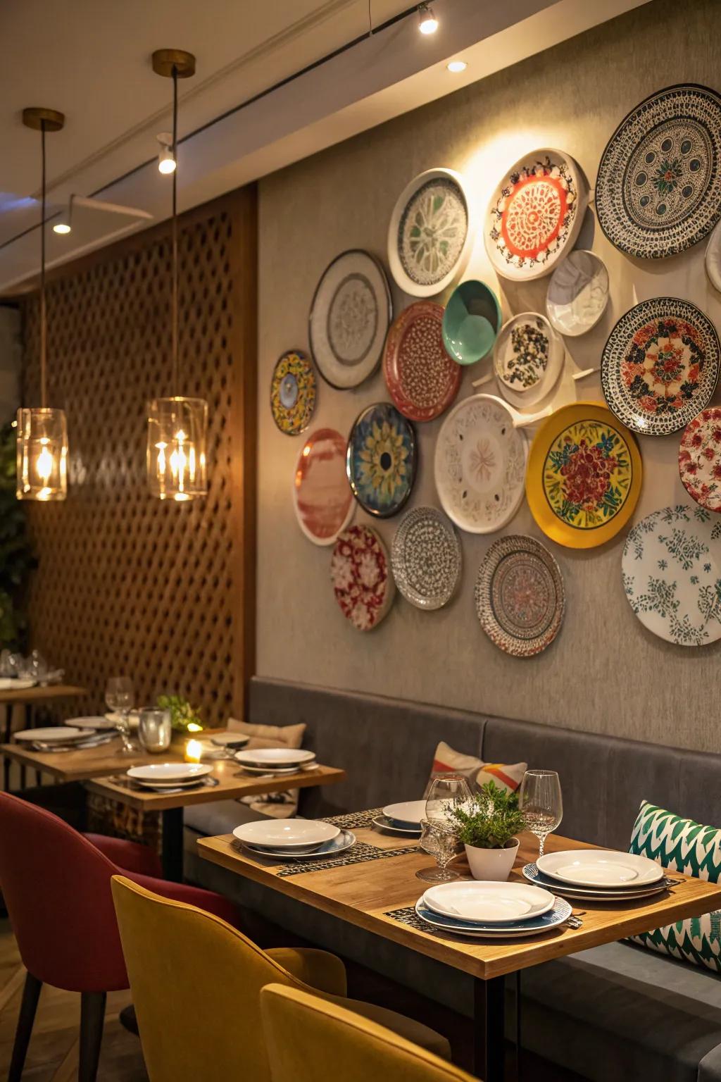 Dining area with an eclectic display of circular plates on the wall.