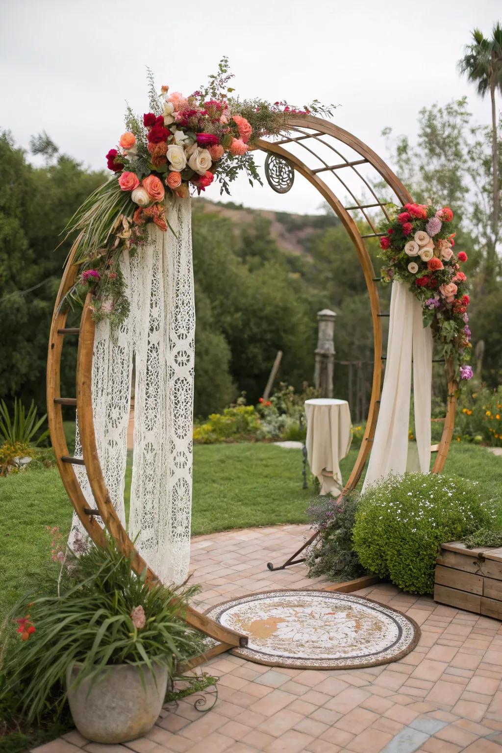 An eclectic circular wedding arch featuring mixed materials.