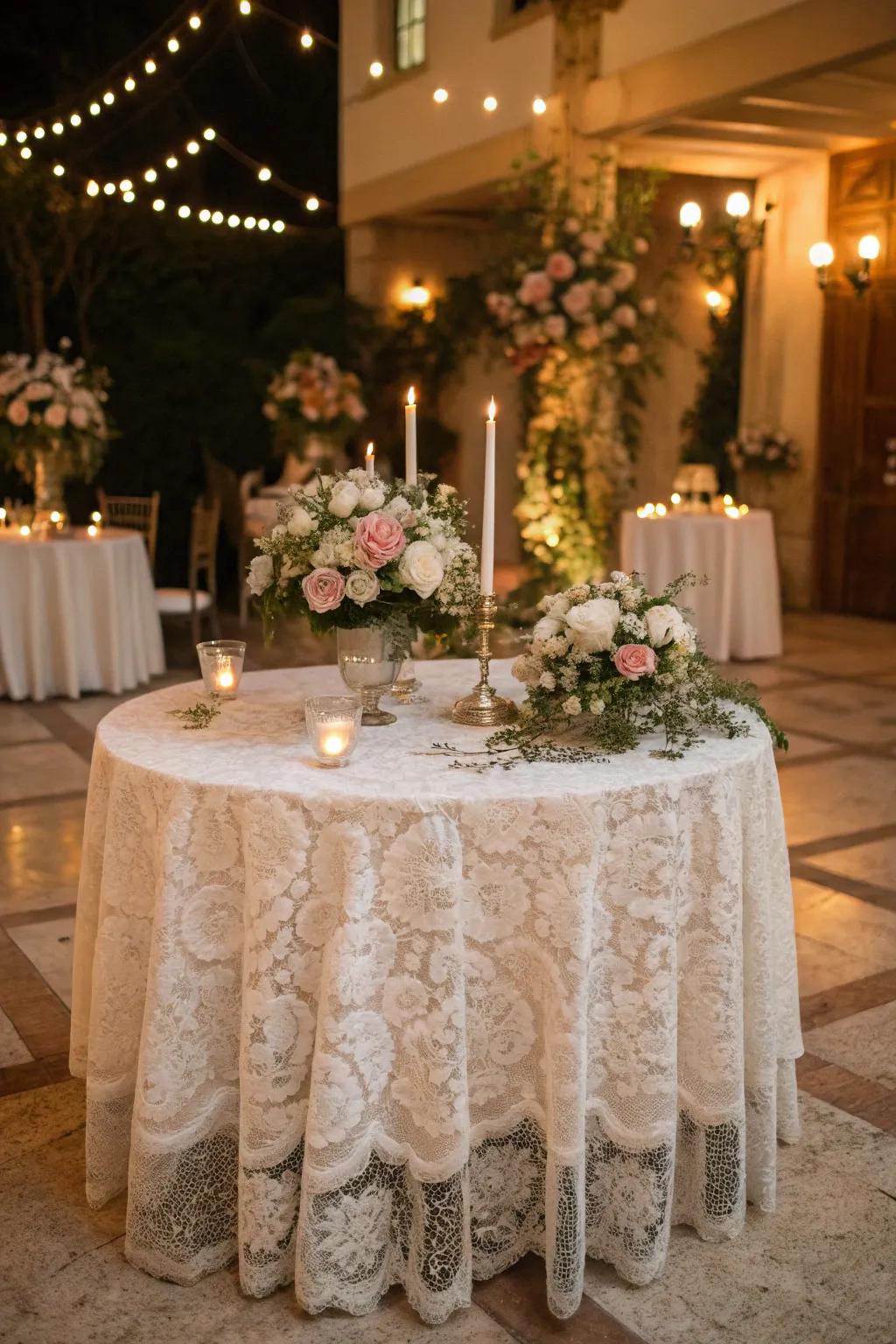 Enchanting embroidered tablecloth for a wedding with vintage influences.