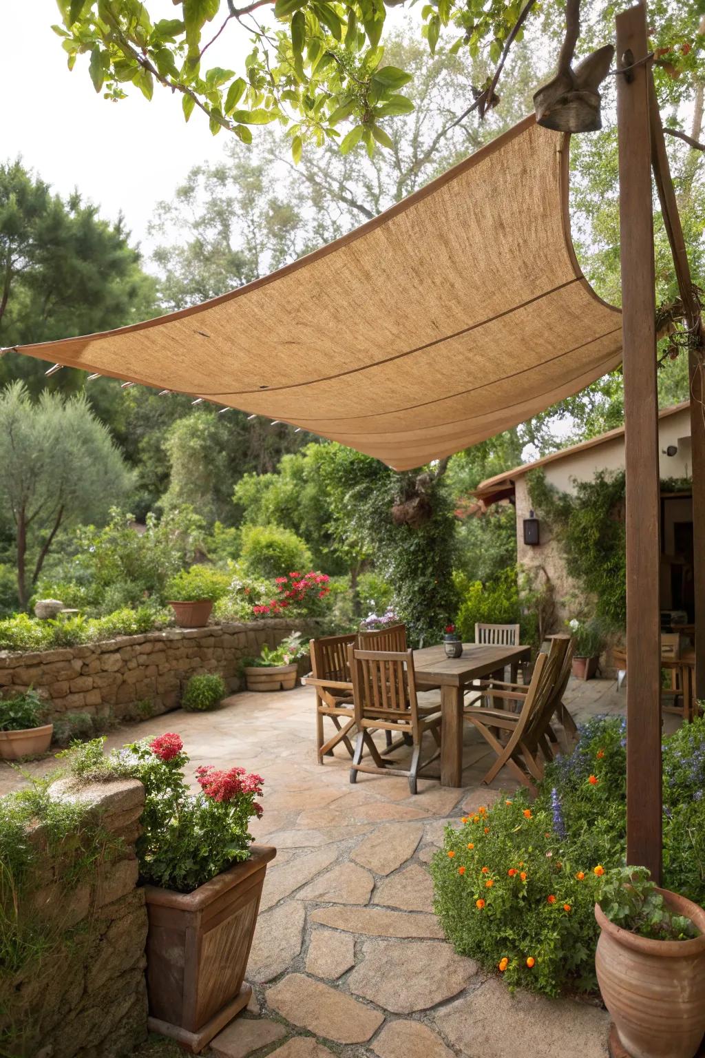 Sail shades offer a cozy, countryside touch.