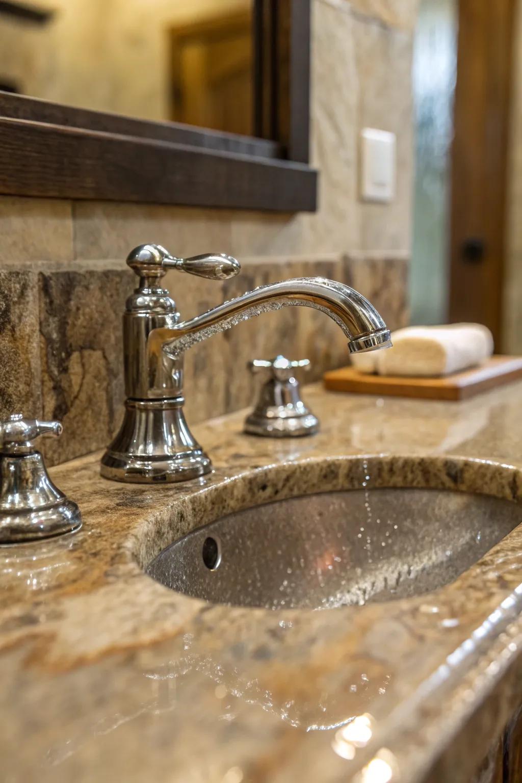 Stone countertops enhance the earthy feel of country bathrooms.