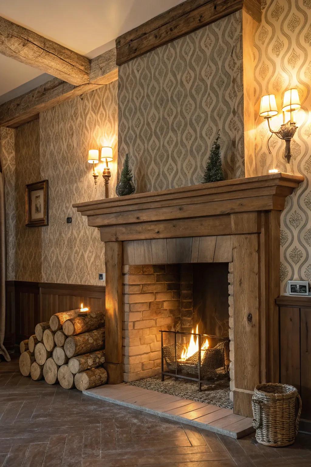Textured wallpaper incorporates profundity and intrigue to this country-style fireplace.