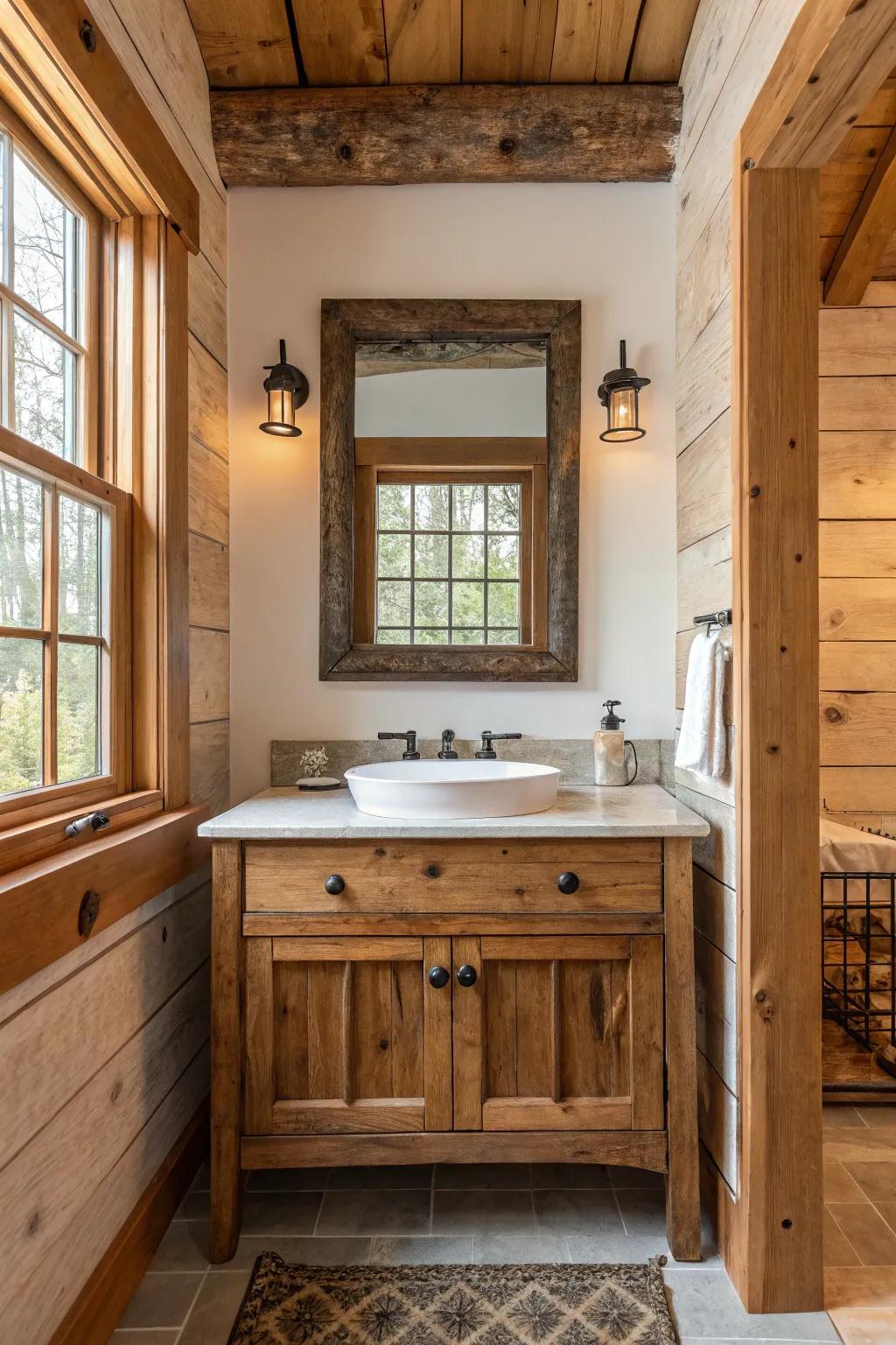 A pane mirror adds a unique rustic touch.