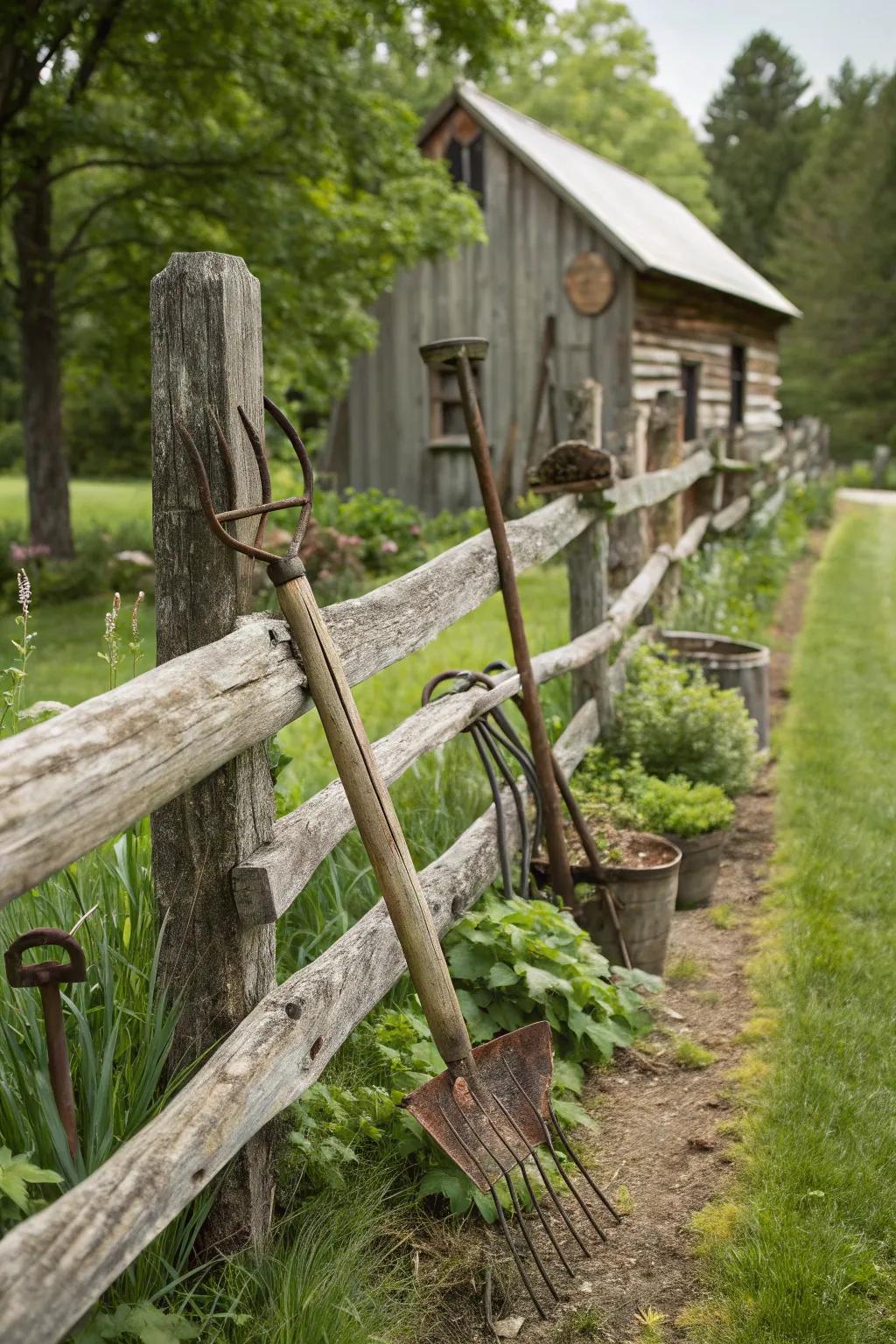 A vintage farmhouse style achieved with a split rail fence and antique decor.