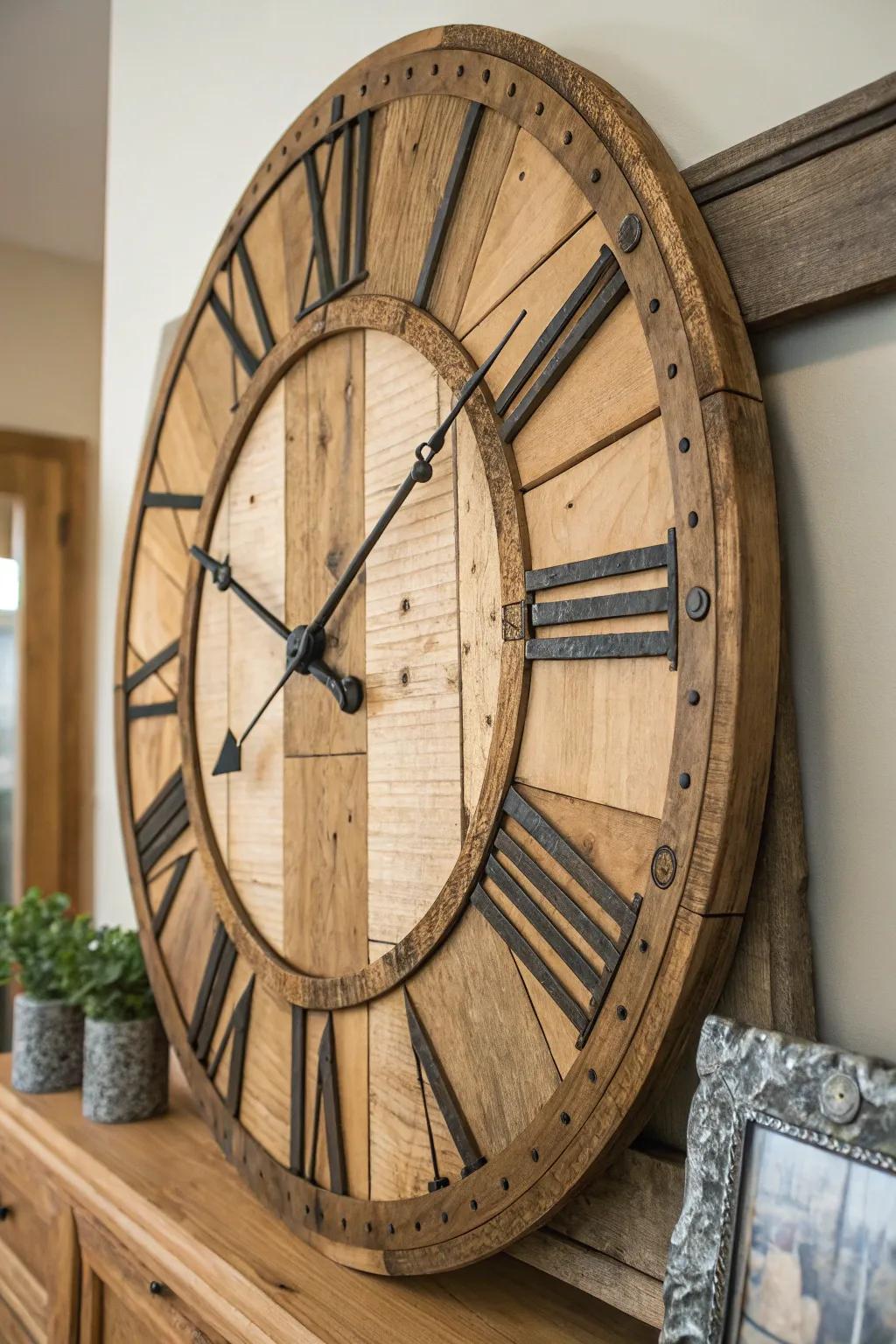A country wall clock with repurposed wood features enhances the area with charm and practicality.