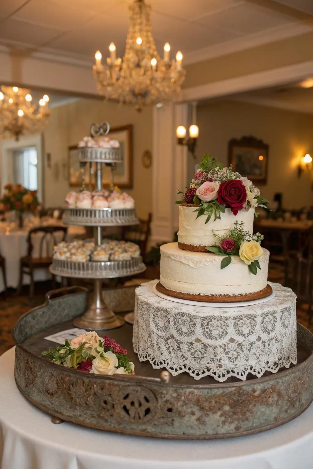 Country metal tray offers a chic contrast to natural decor.