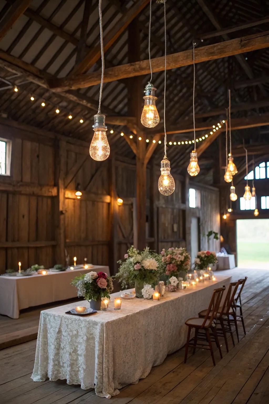 Filament bulbs projecting a cozy and chic radiance across the head table.