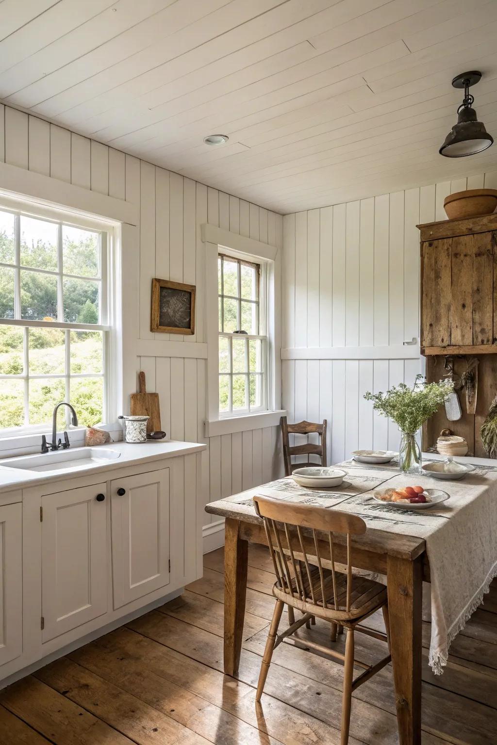 Whitewashed wood paneling delivers a bright and airy farmhouse style.