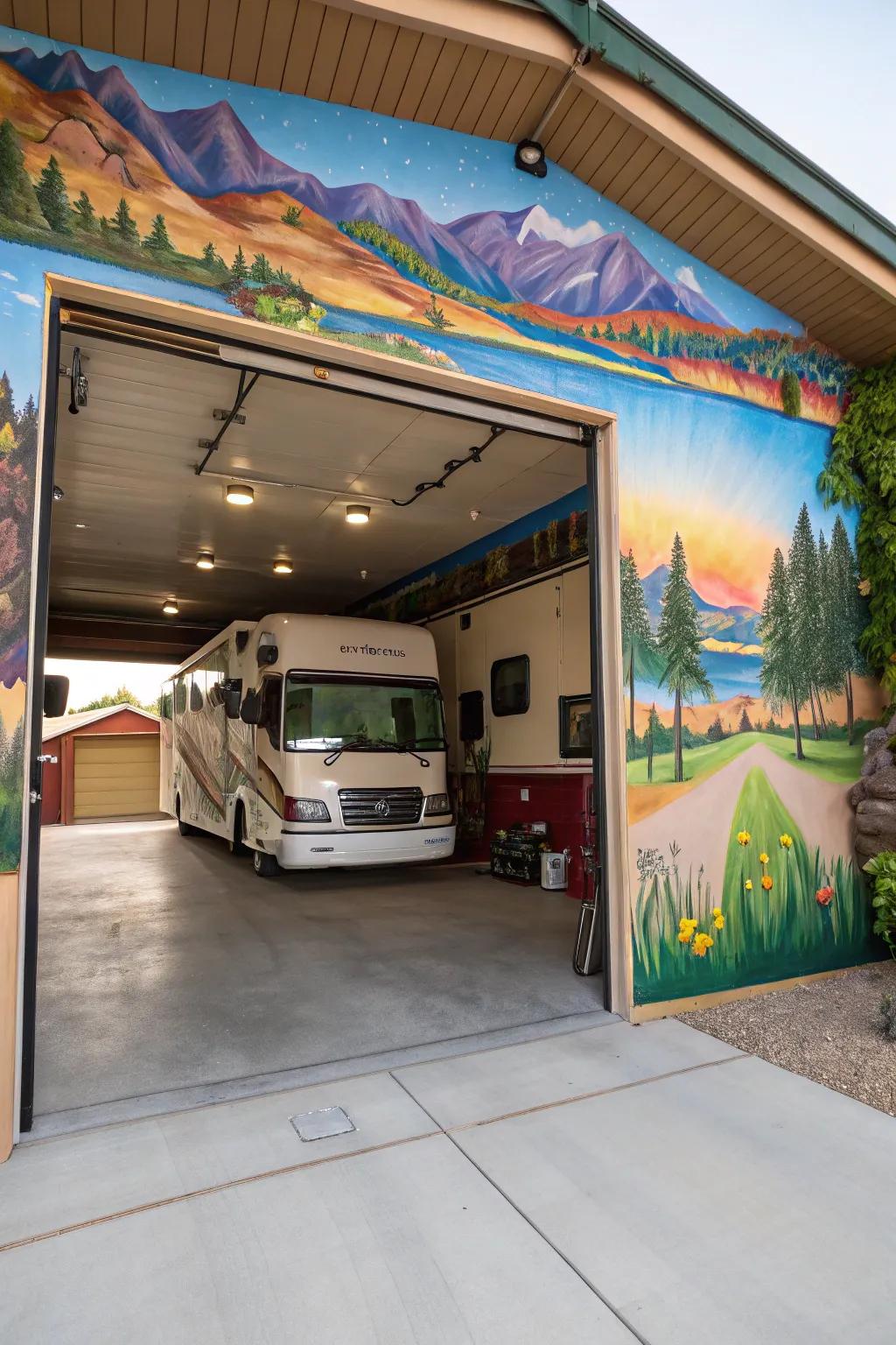 Personal touch included in an RV garage through art and murals.
