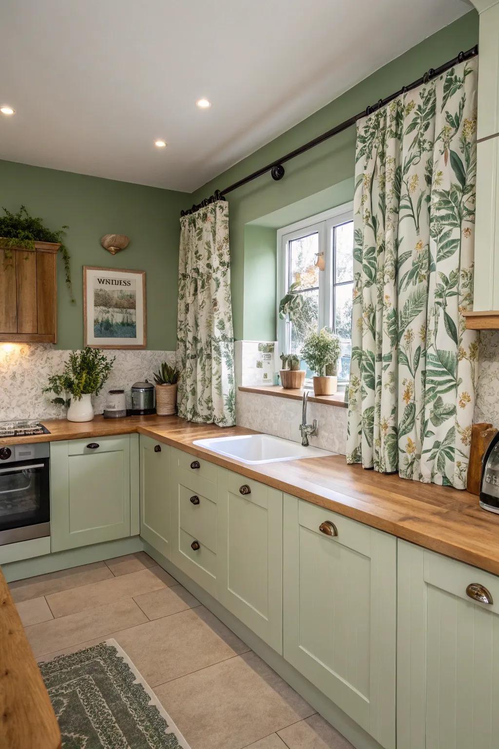 Herbaceous patterns complement the natural feel of verdant.