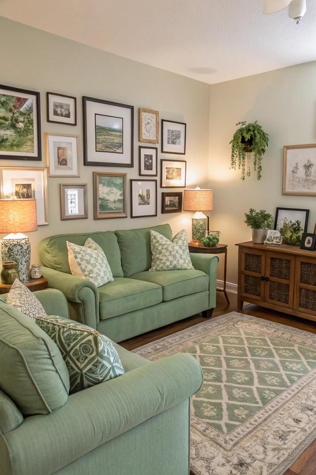 A gallery wall personalizes and enlivens a sage green living room.