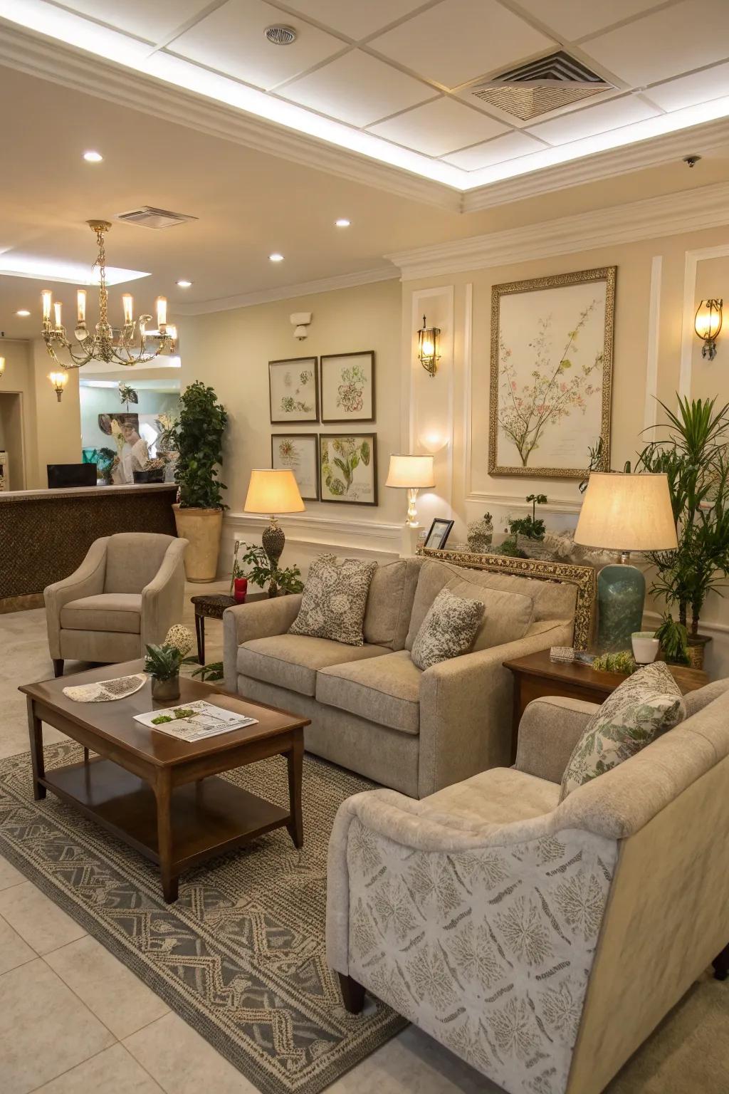 A cozy waiting area welcomes clients warmly.