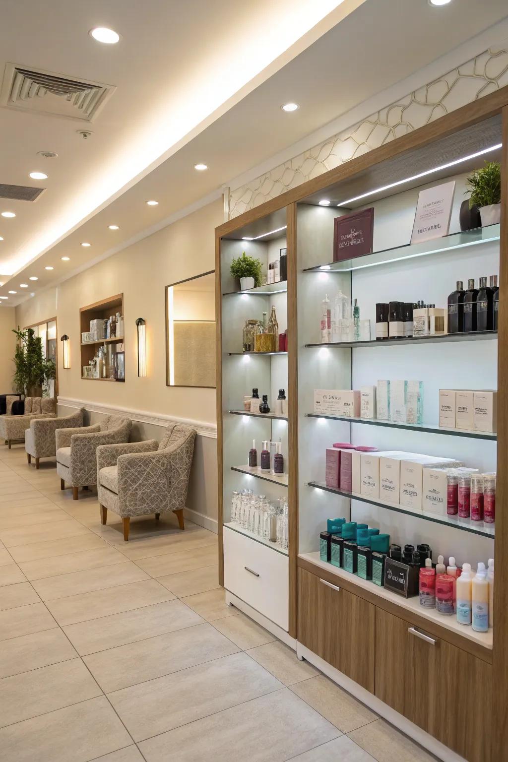 A salon reception area showing off a neat and attractive product display.