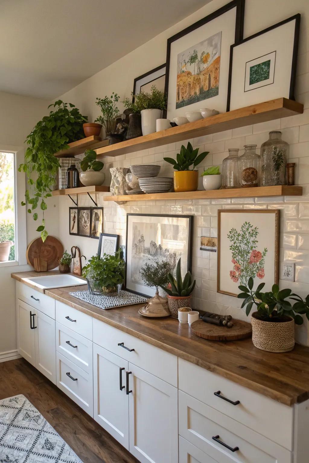 A kitchen featuring floating shelves displaying art, plants, and decor