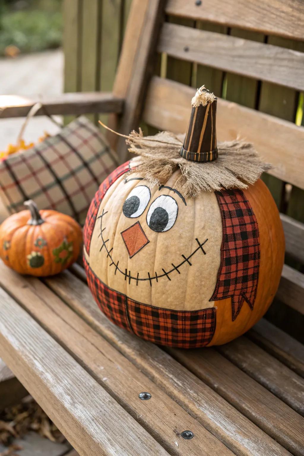 Checked patterns introduce a countryside charm to the scarecrow pumpkin.