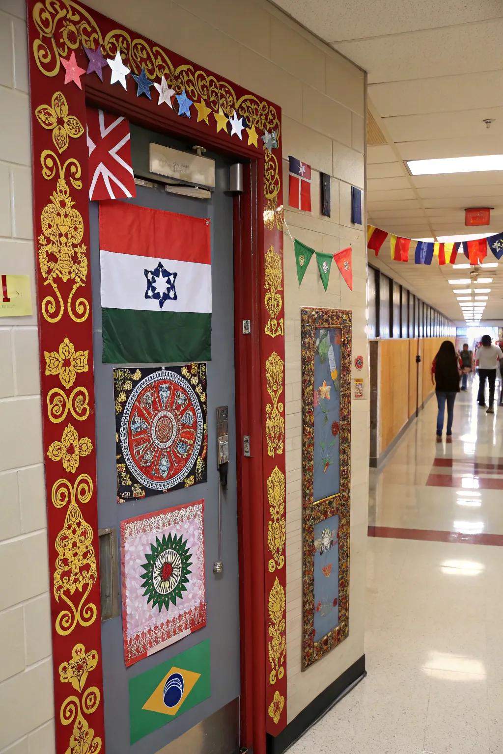 A culturally rich school entrance celebrating diversity.