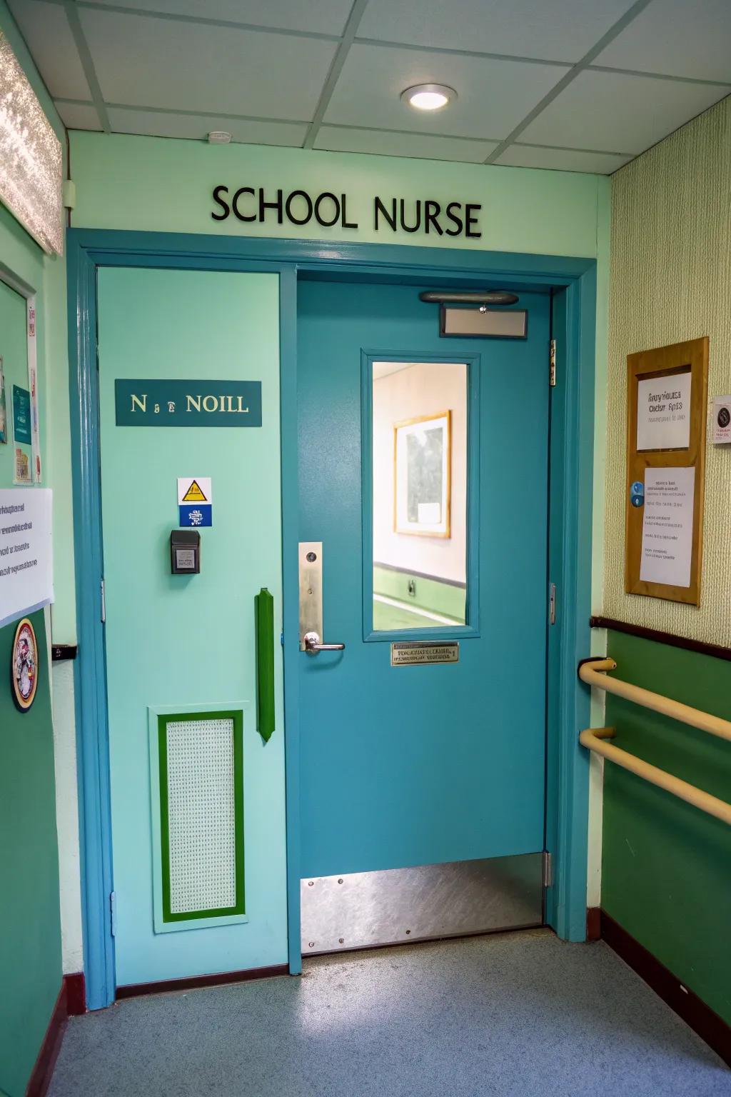 A serene school nurse’s door featuring calming colors.