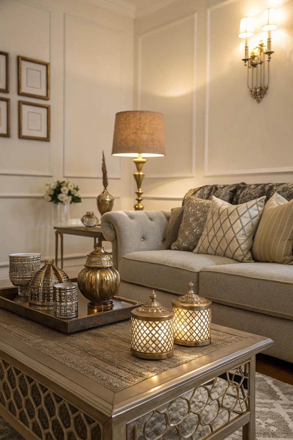 The space is given an understated elegance by the use of metallic accents.
