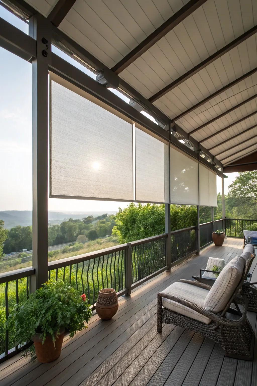 Outdoor blinds offer adjustable sun protection.