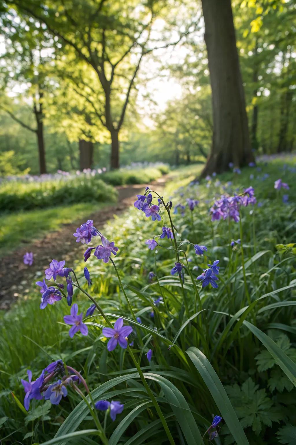 Spiderwort enlivening shaded spots with vibrant pops of color.