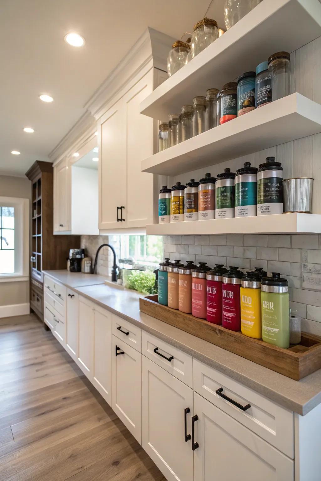 Floating shelves offer a minimalist display for protein mixers.