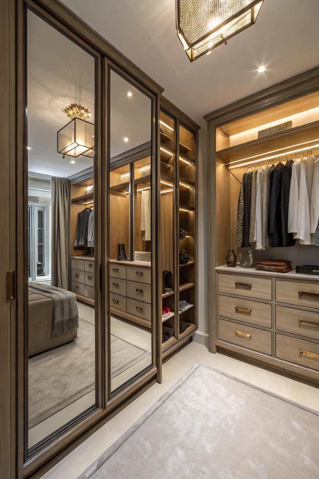 A closet strategically implementing mirrors to amplify depth.