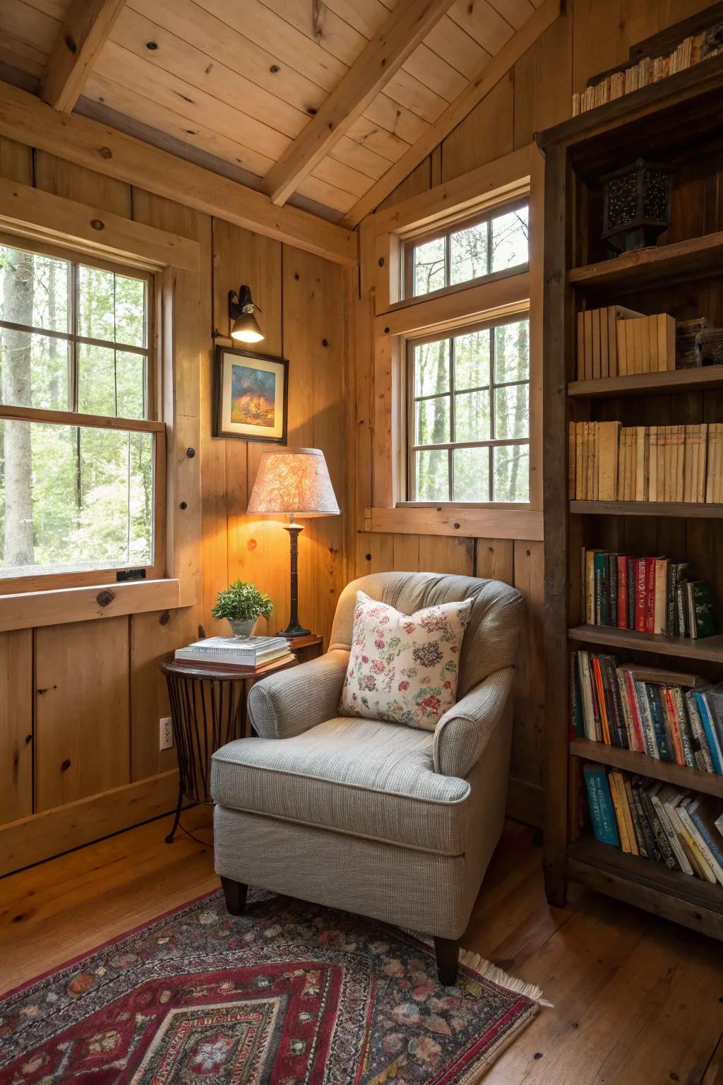 A serene reading nook in a shed home, ideal for unwinding.