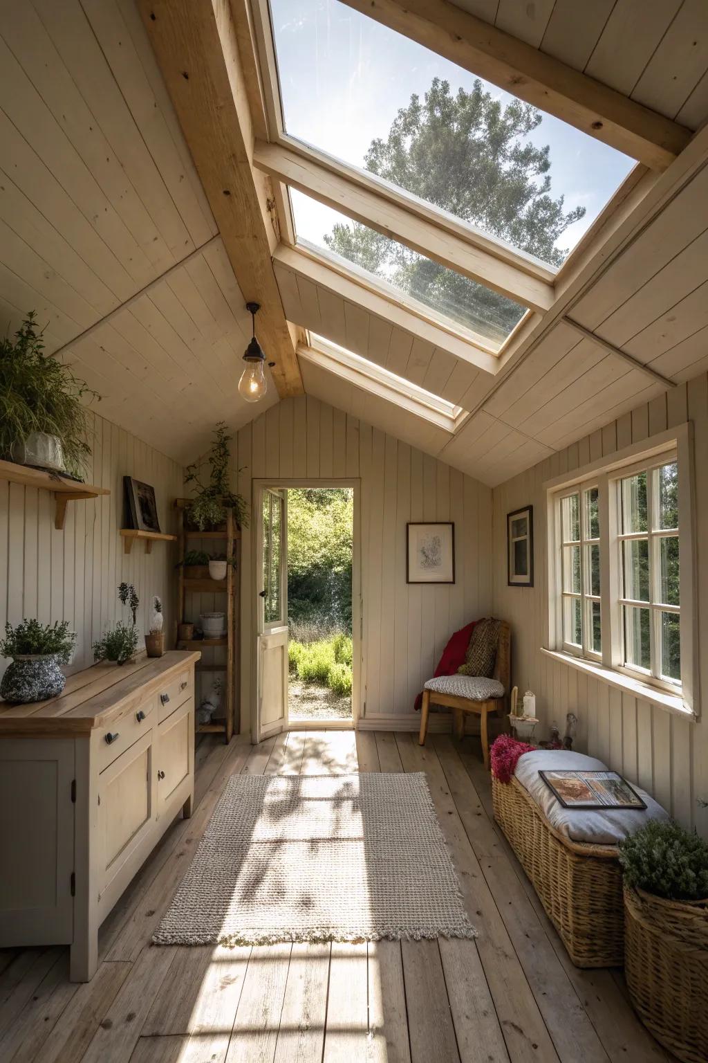 Skylights fill spaces with natural light and openness.