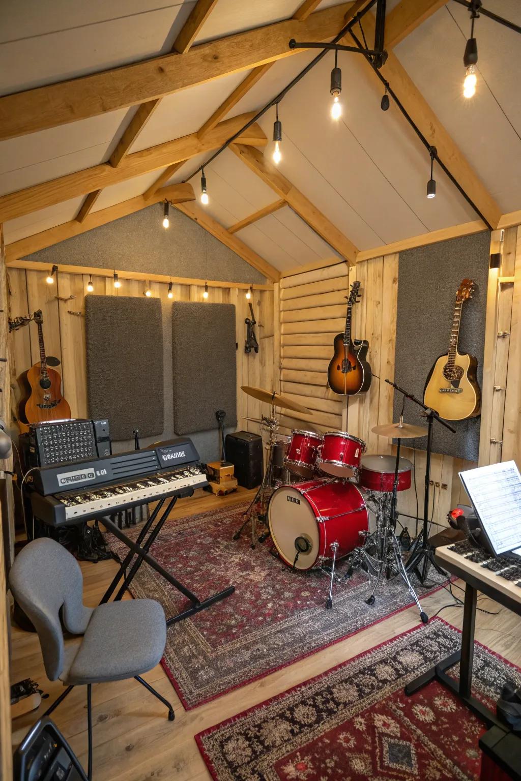 A shed converted into a creative music area.