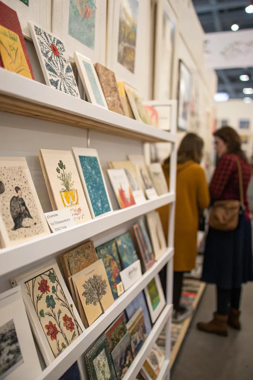 A collection of artworks transforms the shelf into a miniature gallery.