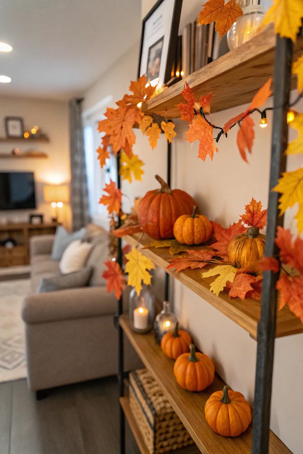 Seasonal decor like autumn leaves refreshes shelf arrangements.