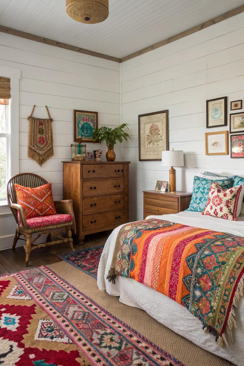 A distinctive, vibrant space crafted by an eclectic mix of decor with shiplap.