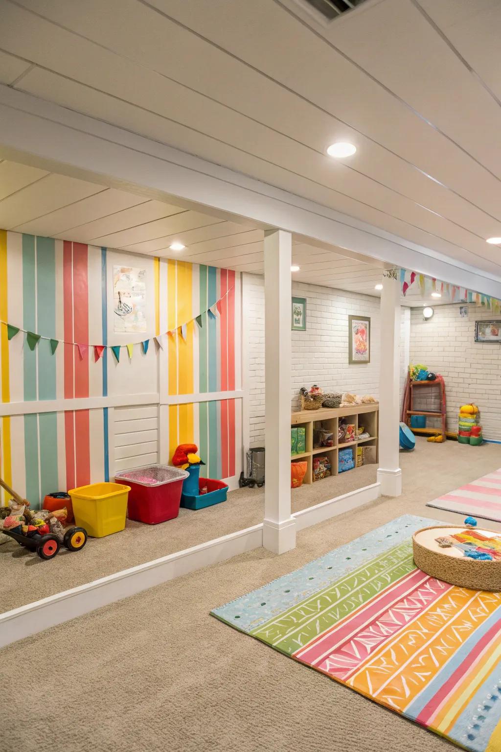 A playful kids&rsquo; area in the basement with colorful shiplap walls.
