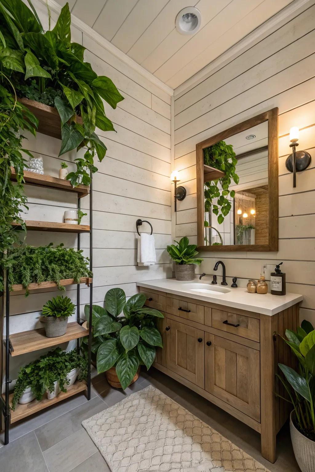 A bathroom featuring wall plank walls enhanced by lush greenery.