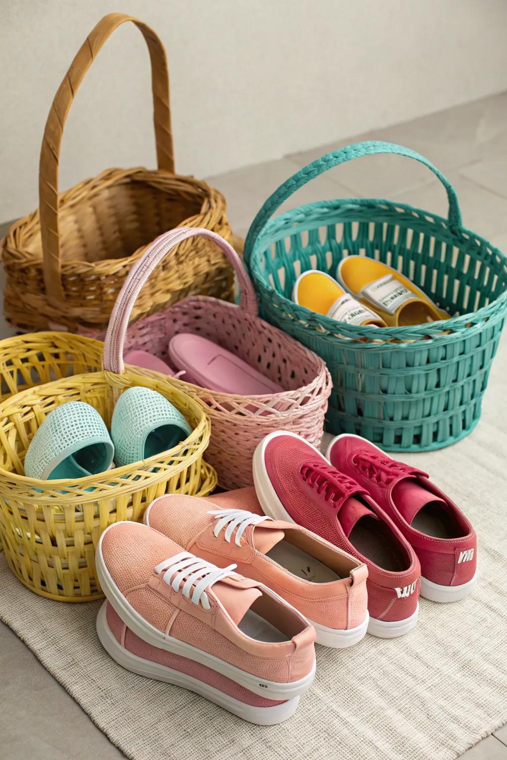 Color-coordinated baskets deliver an organized and visually engaging shoe storage approach.