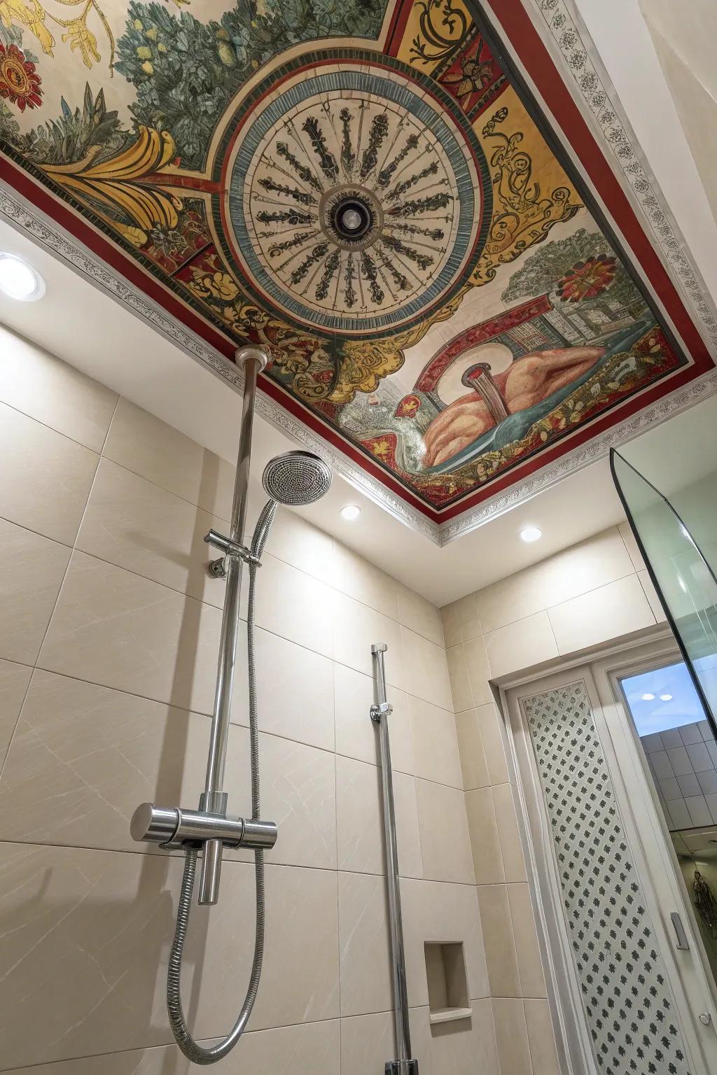 A ceiling mural adds a personal artistic touch.