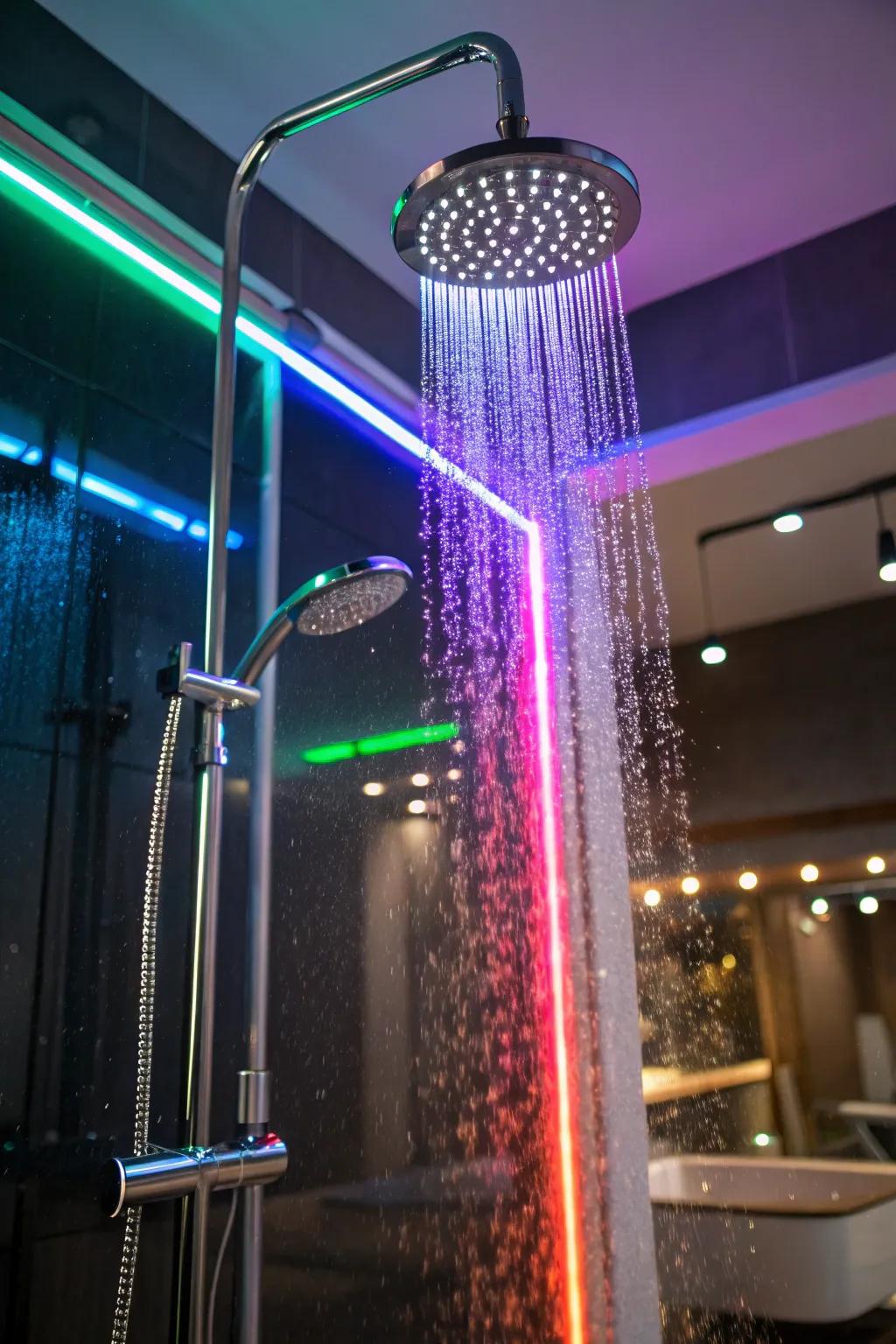 A shower illuminated via LED strips and spotlights.