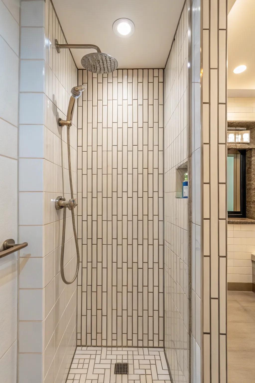 Lengthwise tiling enhancing the height and spaciousness of the shower stall.