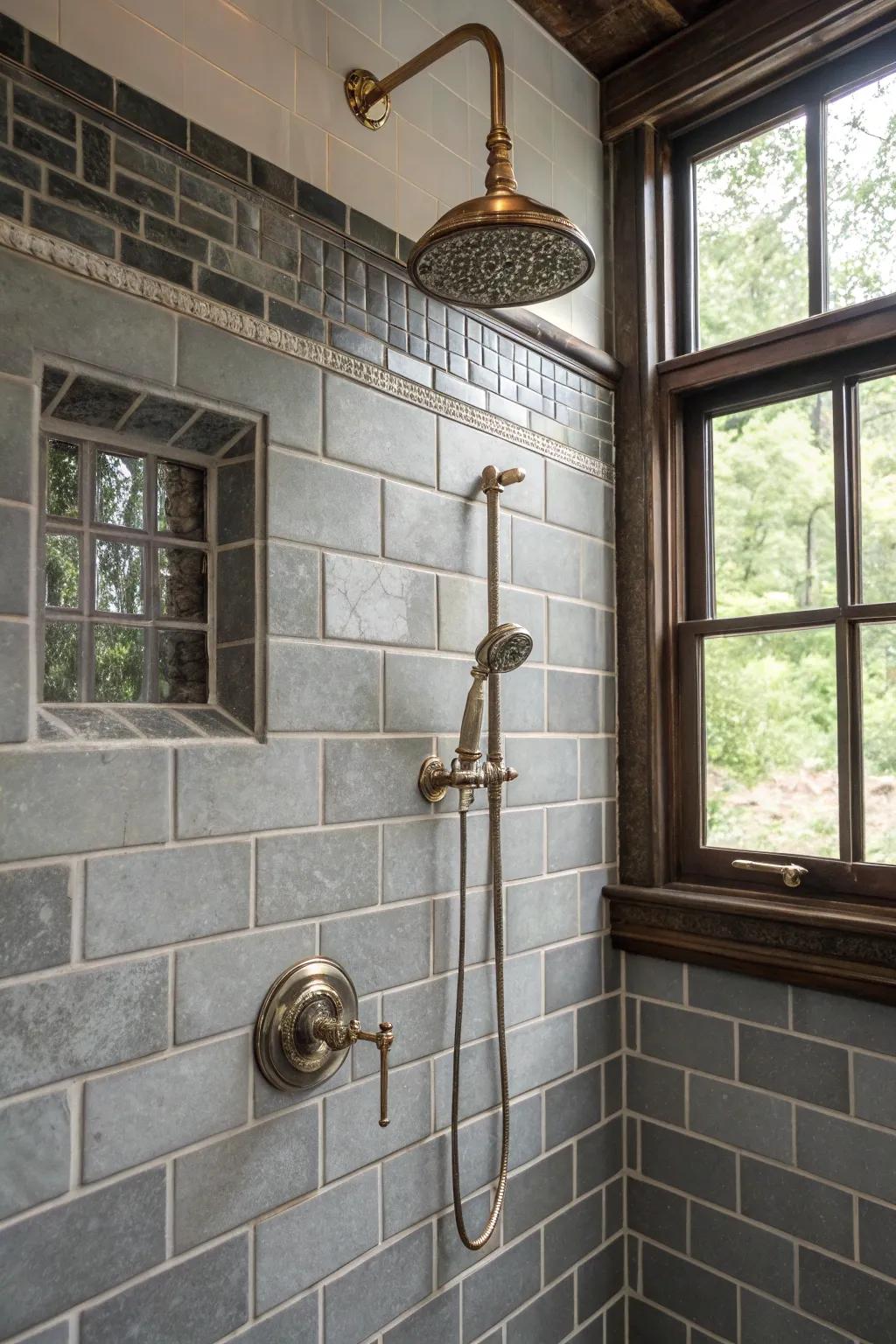 Timeless impressions injecting charm into a grey-tiled shower.