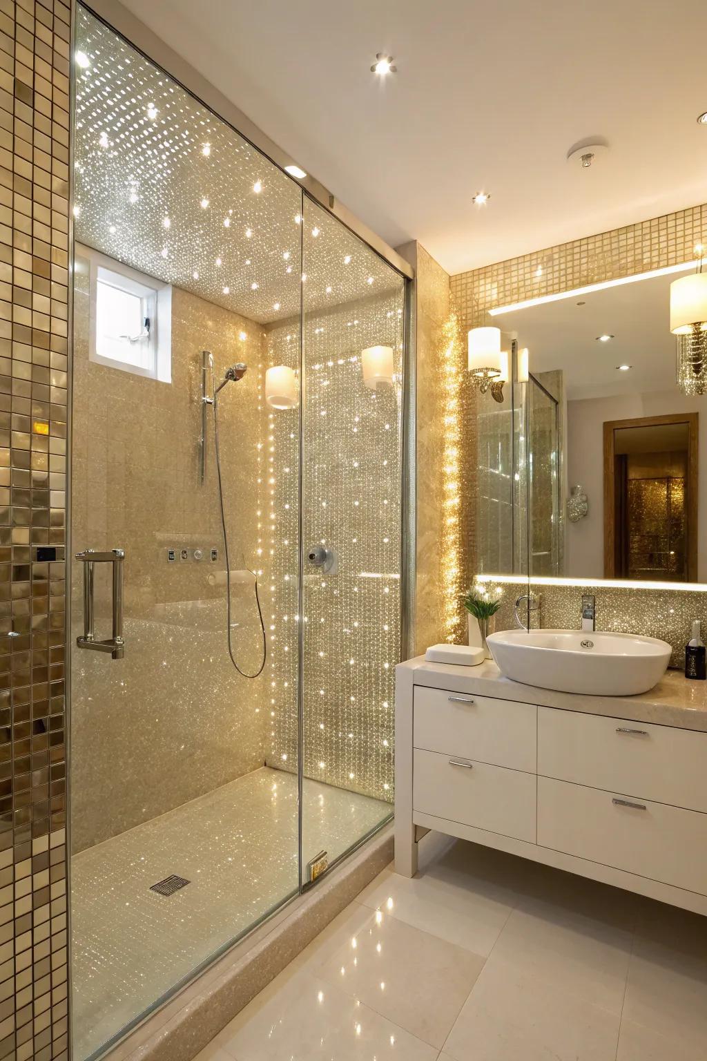 Reflective glass tiles contribute glamour, enhancing space.