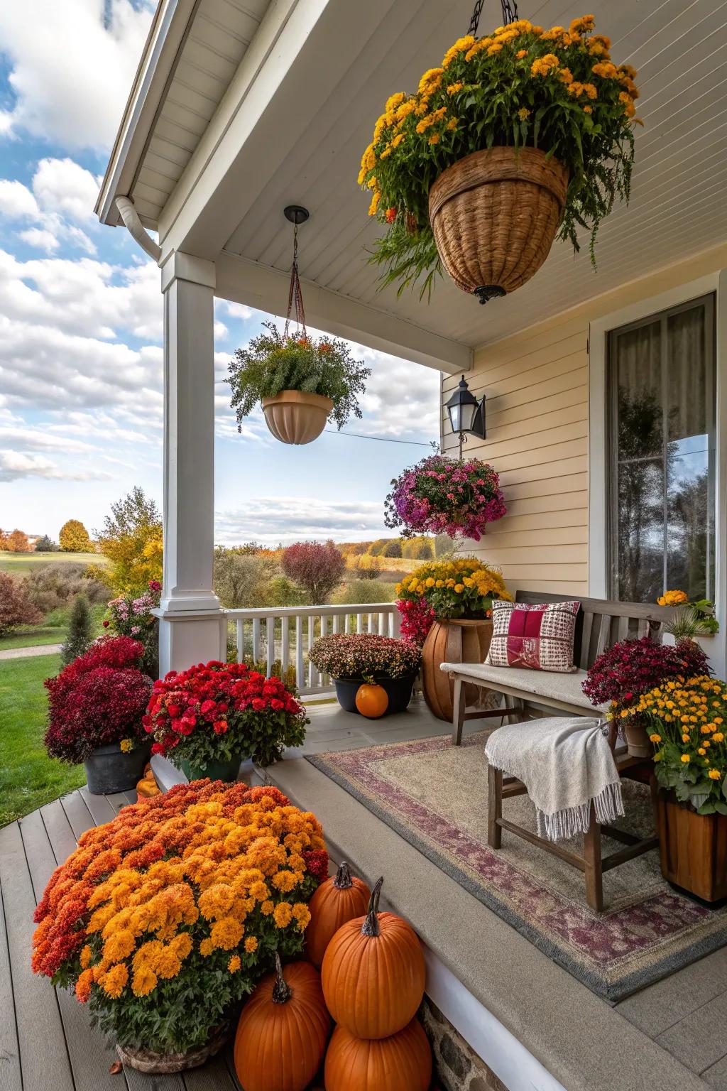 Seasonal decor keeps the side porch lively and attractive.