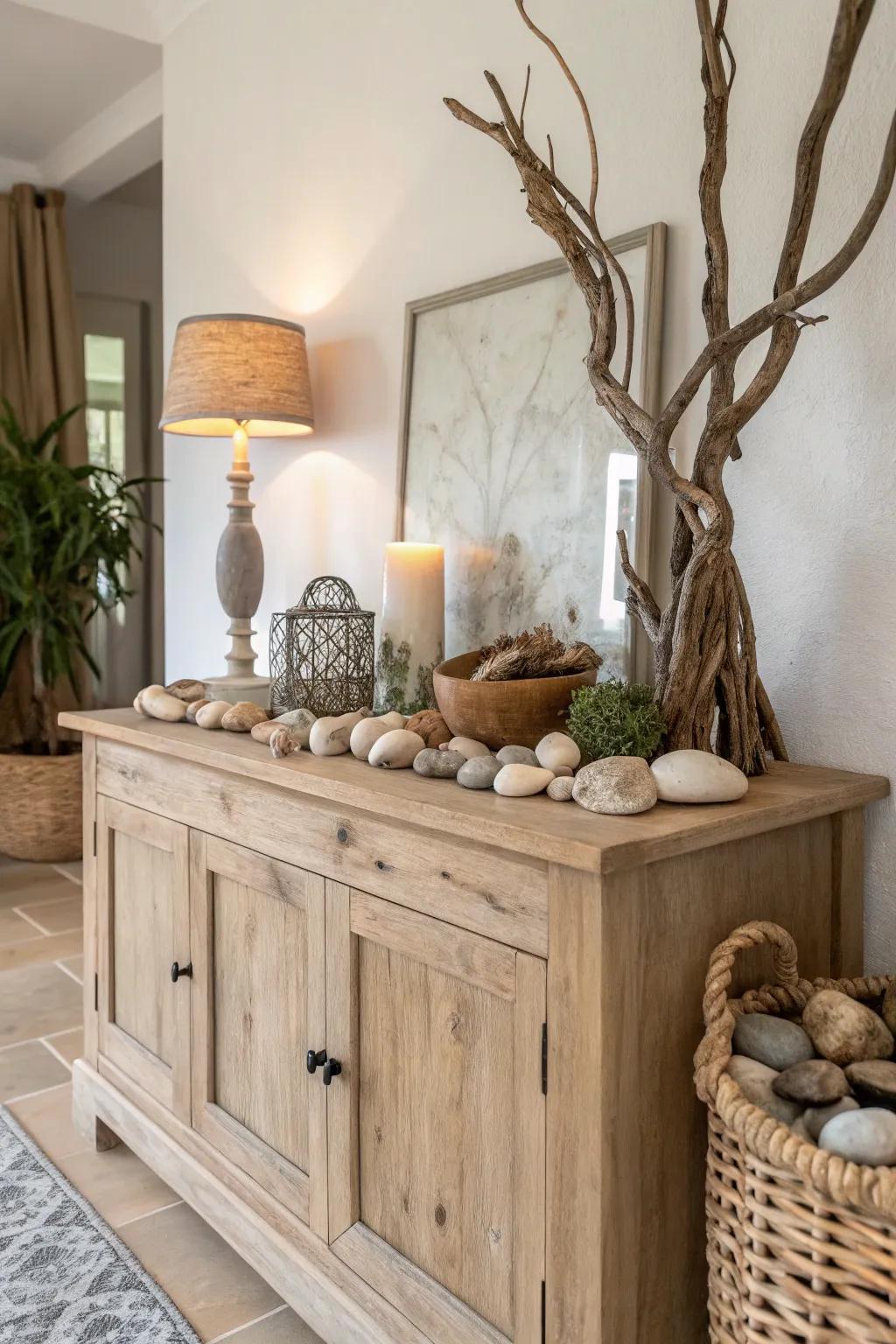 Natural elements on a credenza introduce an earthy and calming accent.